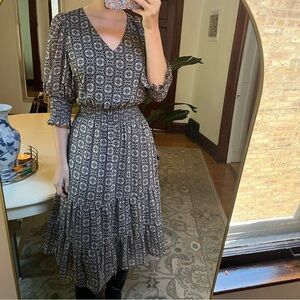 V Neck Maxi Patterned Dress with Ruffles and smocked waist